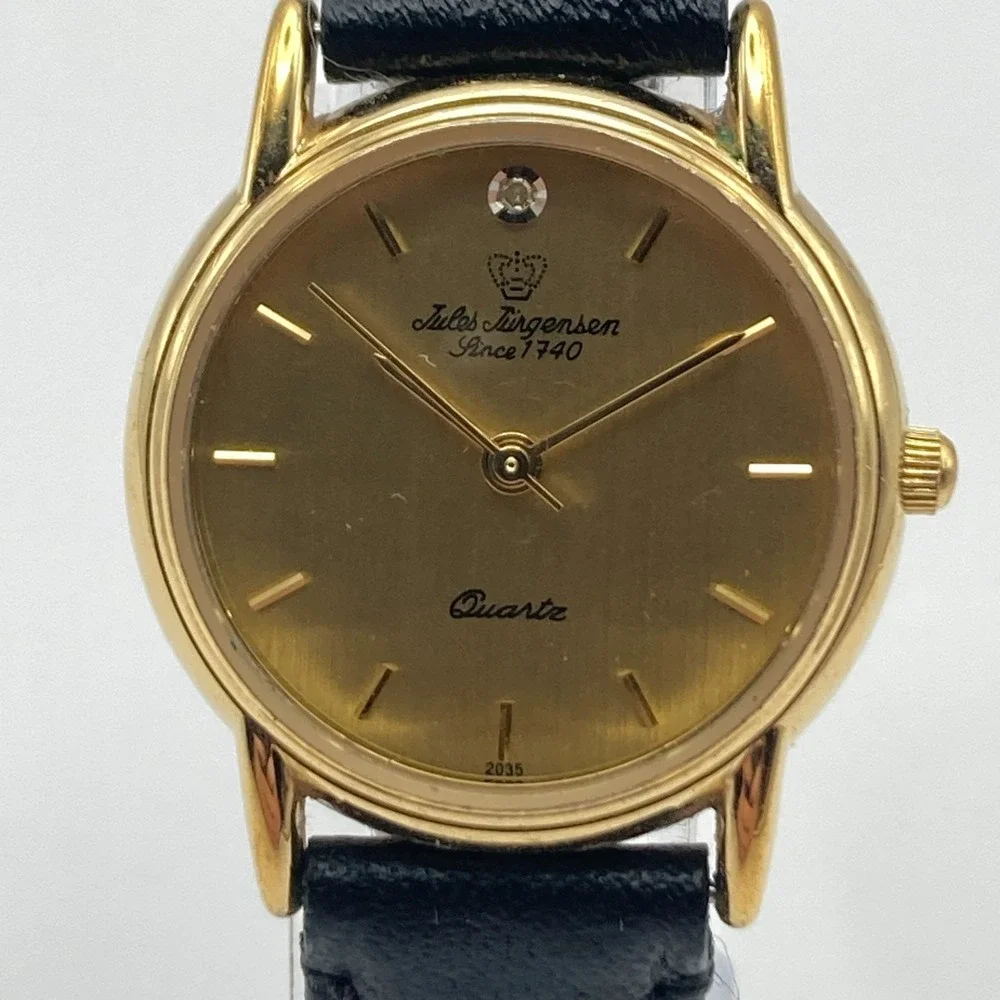Vintage Jules Jurgensen Womens Watch Gold Tone 27mm Black Leather New Battery 8